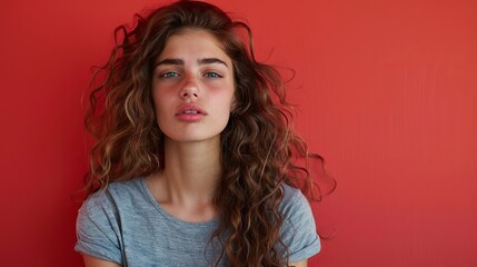 Wall Mural - Woman With Curly Hair Against Red Background