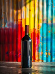 A bottle of red wine is sitting on a table in front of a colorful wall