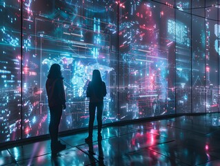 Poster - Futuristic Holographic Conference with Glowing Digital Displays in Neon lit Cityscape
