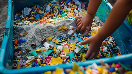 A childs sandbox filled with colorful microparticles of plastic pollution, highlighting environmental concerns and the impact of waste on childrens play areas