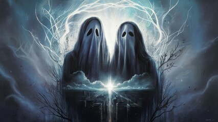 Sticker - Two ghostly figures are standing in front of a tree, AI