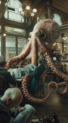 Wall Mural - giant octopus serving coffee in a french paris cafe