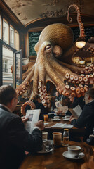 Wall Mural - giant octopus serving coffee in a french paris cafe