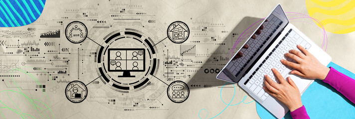 Poster - online meeting theme with person using a laptop computer