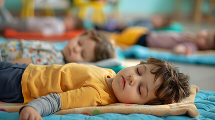 Wall Mural - 'kindergarten naptime, children resting on mats with soft blankets, peaceful and quiet environment'