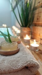 Aloe vera gel in a jar on a serene spa setting