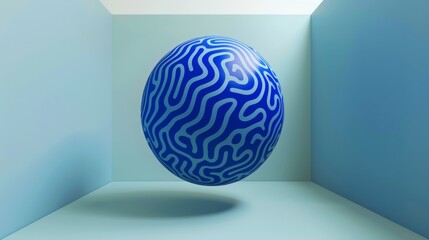 Wall Mural - A blue sphere with a wavy pattern is floating in a room