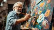 © Nuth - Elderly male artist painting a vibrant floral masterpiece in his studio, showcasing creativity and passion through colorful brush strokes.