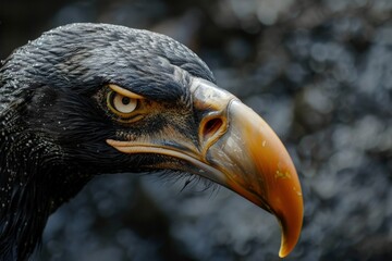 a close up of a black bird with a yellow beak