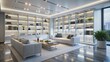 © Curie - Minimalist white room with sleek shelves and modern LED lights creating a clean, futuristic, and creatively stimulating atmosphere.