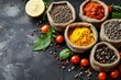 © MeyKitchen - Colorful spices and herbs in burlap sacks on a dark stone background