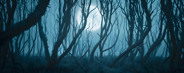 Wall Mural - Gloomy moonlight filters through twisted trees in an eerie haunted forest