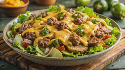 Juicy ground beef, crispy pickles, and melted cheddar cheese unite on a bed of fresh romaine lettuce in a savory salad bowl.