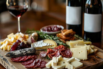 sophisticated setting with a glass of red wine paired with a selection of artisan cheeses and charcuterie on a rustic wooden board