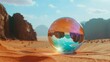 © CYBERPINK - A large glass ball is sitting on a sandy desert landscape