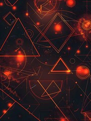 Poster - Abstract neon orange geometric shapes glow against a dark background. The vibrant design features triangles and circles, creating a dynamic, futuristic pattern