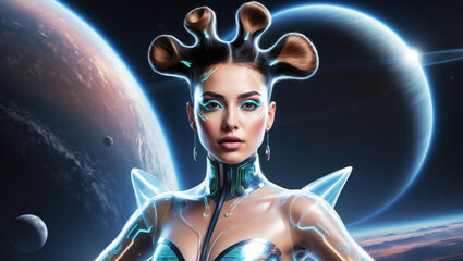 Wall Mural - A woman with a futuristic hairstyle and makeup is shown wearing a transparent spacesuit. Behind her, a glowing planet and a distant galaxy create a breathtaking cosmic backdrop