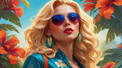 A woman with long blonde hair and sunglasses stands in a lush tropical setting, surrounded by vibrant red flowers