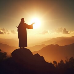 Wall Mural - Silhouette of jesus preaching sermon on mountain top in ministry, biblical gospel teaching.