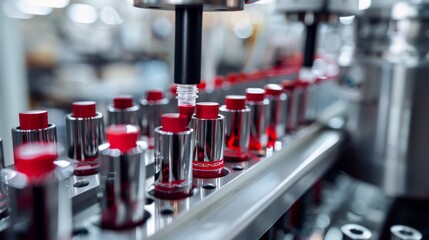 Poster - A machine is filling up bottles with red liquid