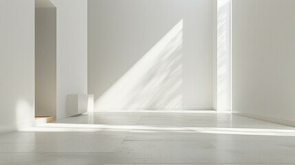 A large, empty room with a white wall and a white floor