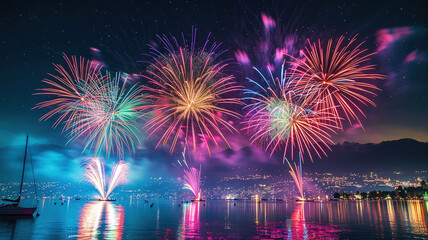 Colorful Fireworks Exploding Over Calm Lake at Night.