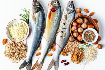 fatty fish, nuts, and whole grains known for artery health on a pure white background.