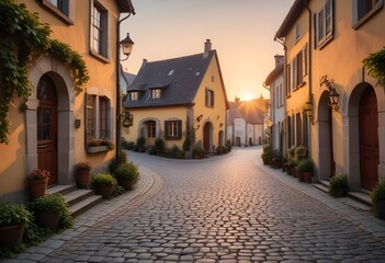 Rustic European village. A cobbled, stone road along which there are multi-family houses in a rustic style. Narrow stone street with tenement houses during sunset