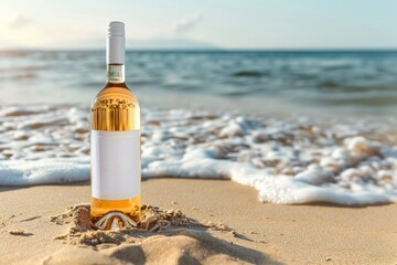 Wall Mural - Mockup of a white wine bottle, for brand design, on a beach background with waves