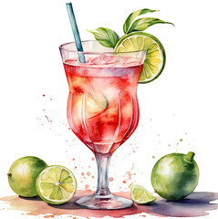 Alcohol drink, watercolor illustration of tropical cocktail.