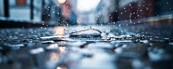 Poster - A beautiful and clear photo of raindrops splashing in a puddle on a cobblestone street
