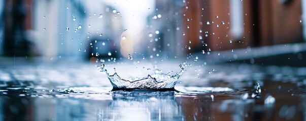 Poster - a beautiful and clear photo of raindrops splashing in a puddle on a cobblestone street