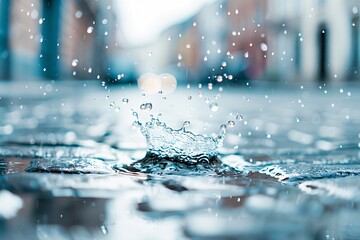 Poster - a beautiful and clear photo of raindrops splashing in a puddle on a cobblestone street