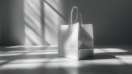 Poster - White Paper Shopping Bag On A White Floor With Sunlight Streaming Through A Window