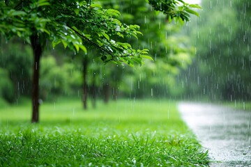 Poster - A colorful and crisp photo of a rain-soaked park with vibrant green trees and grass