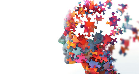 Wall Mural - Alzheimer, dementia, epilepsy and autism concept. Neurological disease with memory loss and confused mind. Silhouette of a human head made of colorful jigsaw puzzle pieces. Mental health awareness.