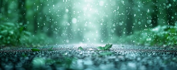 Poster - A crisp and detailed photo of a forest path with rain gently falling, creating a serene and peaceful atmosphere