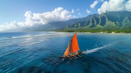 Traditional Polynesian outrigger canoe Ocean voyage.