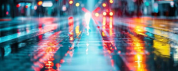 Poster - a vibrant and sharp photo of a rainy night street scene with reflections of colorful neon lights on 