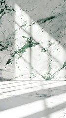 Sticker - white marble  with green veins and sunlight shadows. product presentation background