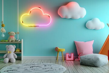 Neon sign wall decor in a playful child's room, fun designs creating a lively space