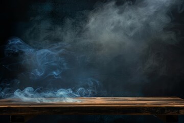 Empty wooden table with a smoky dark background, creating a moody, grunge effect. The scene features fog, steam, and clouds, enhancing the texture and vintage atmosphere.