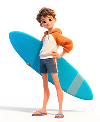 Wall Mural - Surfing sport 3d cartoon character on white background