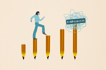 Poster - Composite artwork collage image picture of mini girl walk pencil stairs inspiration isolated on creative background