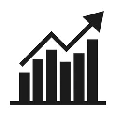 A black bar chart with an upward arrow, indicating growth or improvement in data or performance, in a simple design, on a transparent background