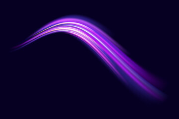 Fototapete - Abstract neon light rays background. A Colorful Motion Background of City Light Trails. Purple glowing wave swirl, impulse cable lines. Long time exposure. Vector