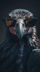 Wall Mural - A close-up portrait of a vulture with black sunglasses, looking intensely at the camera