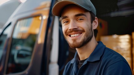 Aufkleber - A smiling man in a blue shirt is standing in front of a truck