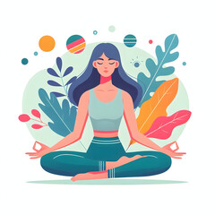 a young beautiful girl sitting in the lotus position, isolated on a white background, flat vector il