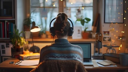 Poster - Cozy Online Learning Setup with Laptop Headphones and Organized Desk
